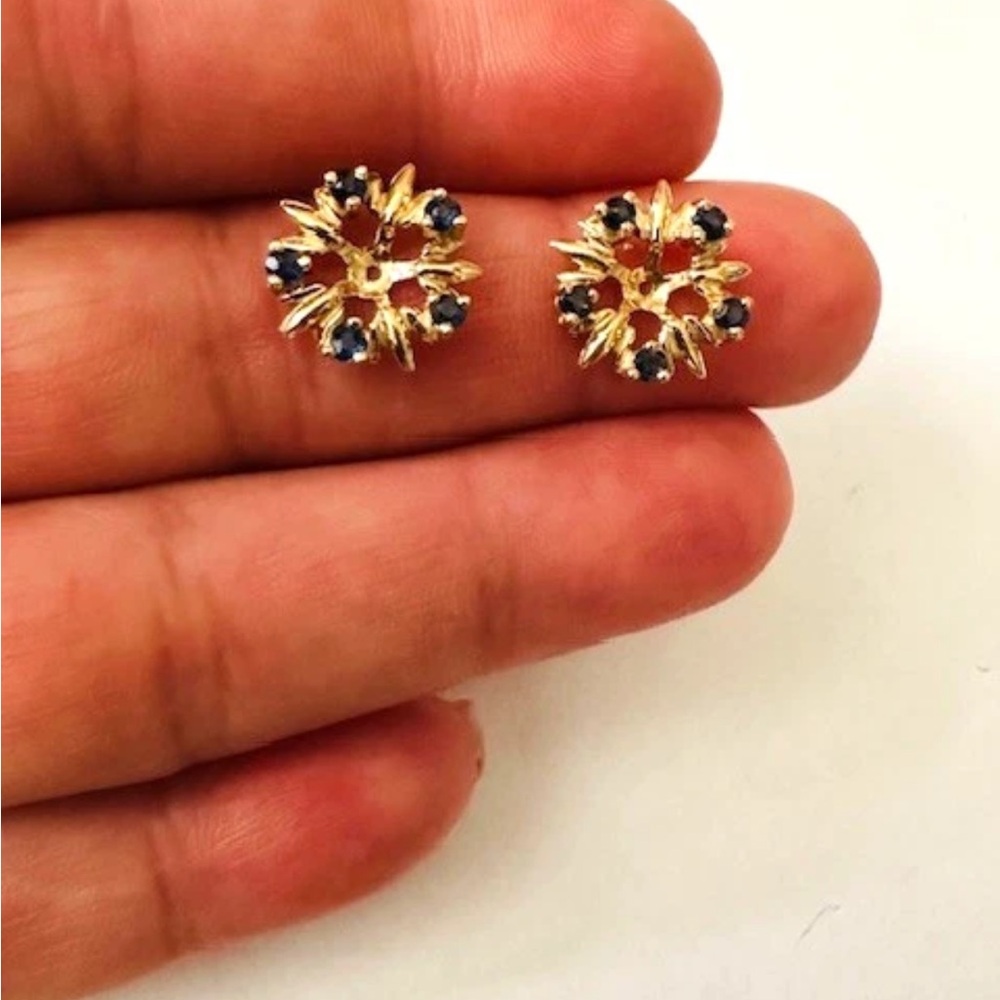 Estate 14K Yellow Gold Sapphire Stud Earring "Flower" Jackets - Picture 5 of 8